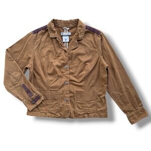 Columbia Womens L Camel Brown Purple Trim Snap Front Utility Canvas Twill Jacket